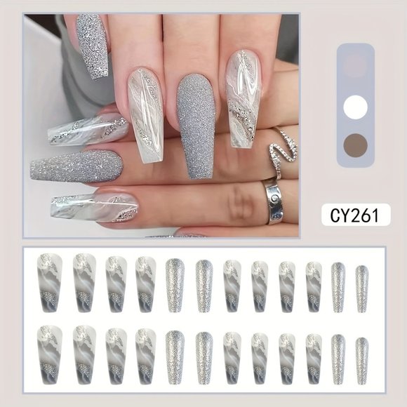 24 Pcs Long Ballerina Marble White And Gray Press On Reusable Nails - Picture 3 of 9